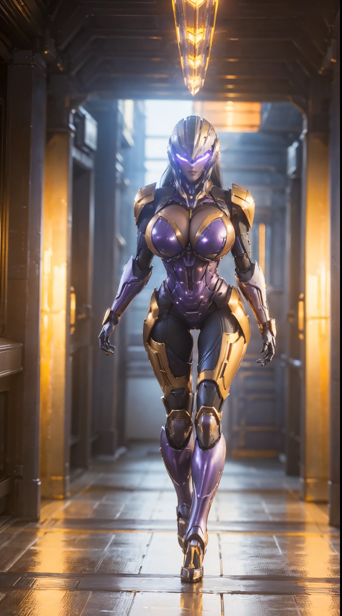 (1GIRL), (ssmile, red_libs, dark_hair), (mecha helmet:1.2), (BIG BUTTOCKS, HUGE FAKE BOOBS, CLEAVAGE:1.4), (PHOENIX MECHA GUARD ARM, GLOVES:1.urple, black, gold, MECHA CYBER SHINY ARMORED SUIT, MECHA SKINTIGHT PANTS, GUARD ARMOR LEGS, HIGH HEELS:1.4), (MUSCULAR BODY, SEXY LONG LEGS, FULL BODY:1.5), (MUSCLE ABS:1.2), (LOOKING AT VIEWER:1.2), (WALKING DOWN HALLWAY OF FUTURISTIC SPACE STATION, BRIGHT LIGHTING:1), PHYSICALLY-BASED RENDERING, ULTRA HIGHT DEFINITION, 16K, 1080P.