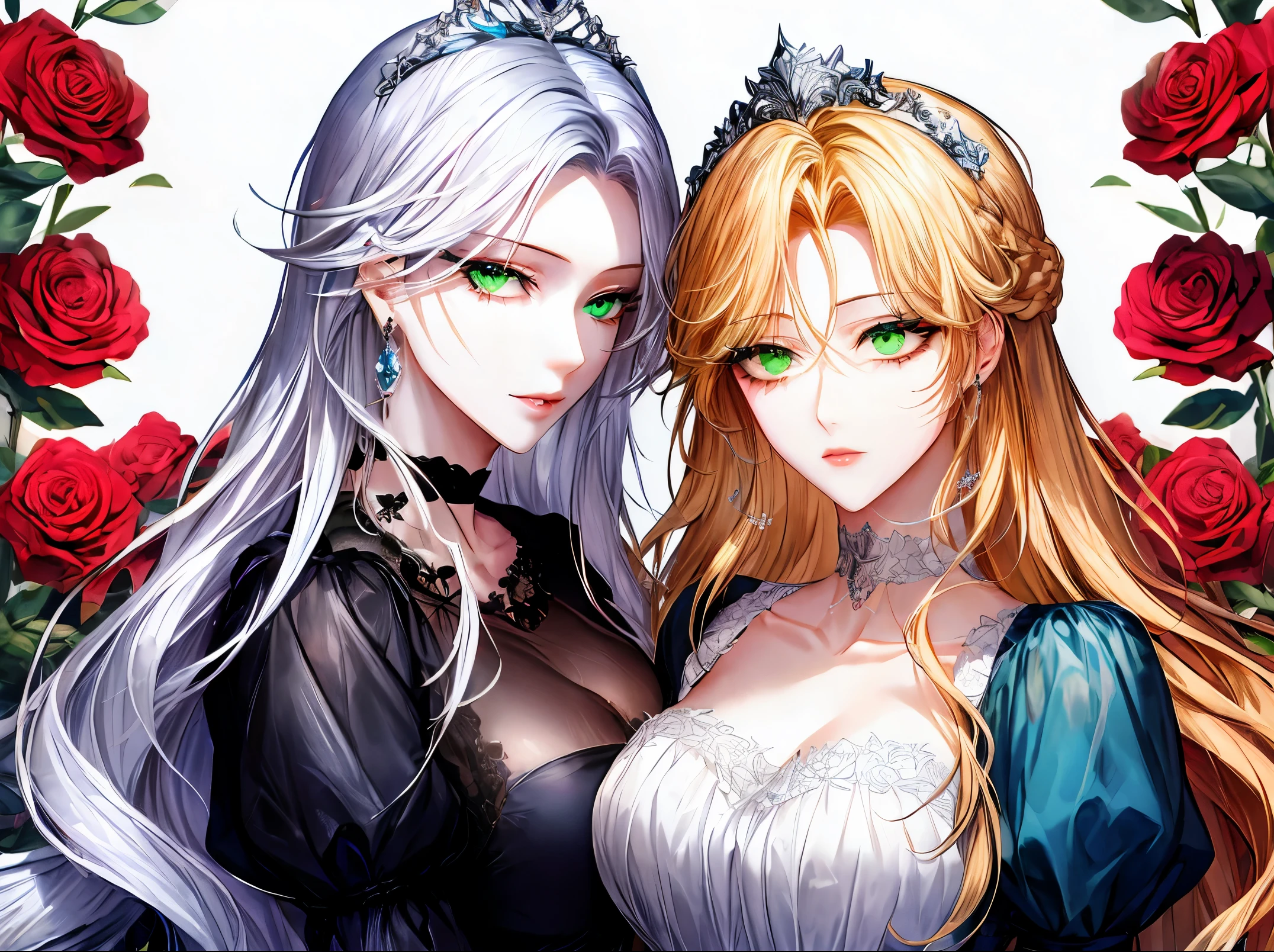 shoujo-style, (floral background), romance manhwa, (2girls:1.2), (aligned), silver hair, blonde hair, solo, long hair, flower, dress, (tiara), white dress, gloves, long sleeves, choker, (green eyes:1.2), red eyes, mascara, makeup, white gloves, black bow, black flower, wavy hair, bow, jewelry, looking at viewer, white background, collarbone, puffy sleeves, silver accessories, upper body, parted bangs, very long hair, blue dress, frills, bangs, closed mouth, detailed eyes, (close up), gleaming skin, shiny glossy skin