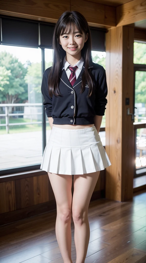 1 solo girl (8k UHD Raw fotography, Top  Quality, Masterpiece:1.45) (Raw foto:1.2), (Photorealcitic) Realistic full body smiling girl in school uniform showing white panties, Functionality of raising the skirt to reveal panties, show white panties, Flip the skirt, Flip the skirt, roll up scar by hand, Showing underwear by the pool