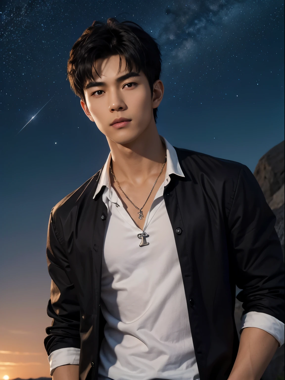 (photorealistic, masterpiece, 8K HD, good lighting quality, portrait, closing up on face, intricate details, dim lighting), a handsome young vietnamese man, 25 years old, sharp gaze, confident, soft smirk, detailed face, detailed eyes, looking at the sky, wearing short-sleeved jacket over shirt, casual wear, necklace, dark brown eyes, (tanned skin), lean physique, black hair, smooth hair, hair bangs, short hair, straight hair, outdoors, dawn, stars, constellation, cosmical, dreamy world, surrealism, ethereal