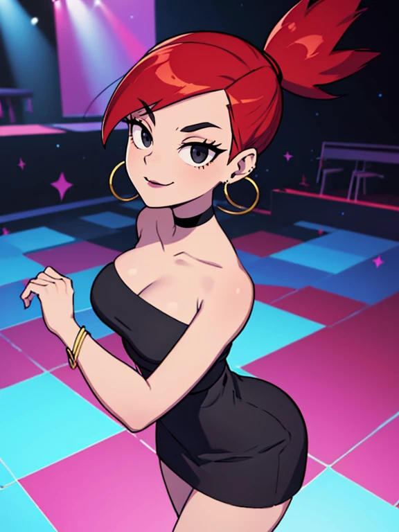 FostersStyle, Frankie Foster, solo, 1 girl, black eyes, black dress, bare shoulders, jewelry, ponytail, red hair, strapless, hoop earrings, black choker, looking at viewer, smile, big breasts, nightclubs, dance floor, standing up, looking at viewer, high quality, high resolution, close up portrait.