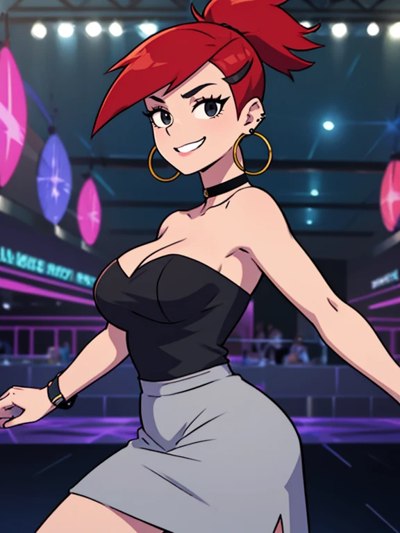 FostersStyle, Frankie Foster, solo, 1 girl, black eyes, black dress, bare shoulders, jewelry, ponytail, red hair, strapless, hoop earrings, black choker, looking at viewer, smile, big breasts, nightclubs, dance floor, standing up, looking at viewer, high quality, high resolution, close up portrait.