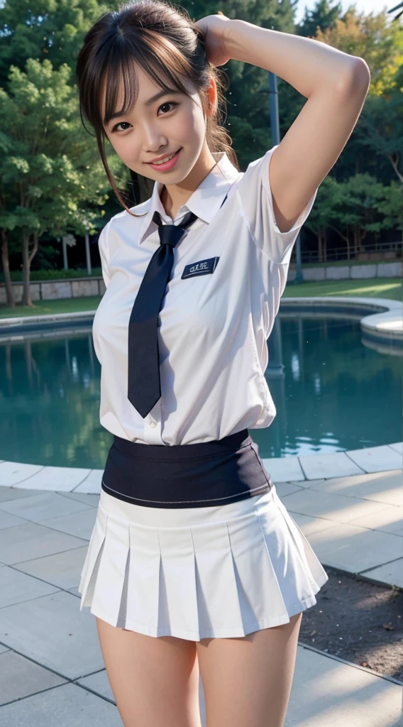 1 solo girl (8k UHD Raw fotography, Top Quality, Masterpiece:1.45) (Raw foto:1.2), (Photorealcitic) Realistic full body smiling girl in school uniform showing white panties, Functionality of raising the skirt to reveal panties, show white panties, Flip the skirt, Flip the skirt, roll up scar by hand, Showing underwear by the pool
