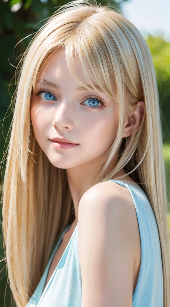 A woman with long light blonde hair and bright light blue eyes is taking a photo, very big eyes、gorgeous young beautiful model, bangs between the eyes、Portrait Sophie Mudd, Beautiful beautiful girl model, cute young beautiful girl, very beautiful young girl, portrait of a beautiful model, Beautiful young girl, Beautiful young woman, a photography of a beautiful woman, face perfect, 16-year-old female model, Beautiful young face, blonde white beautiful girl、Smirking expression、Teak Gloss、cheek highlights、Hair color that changes depending on the angle of light