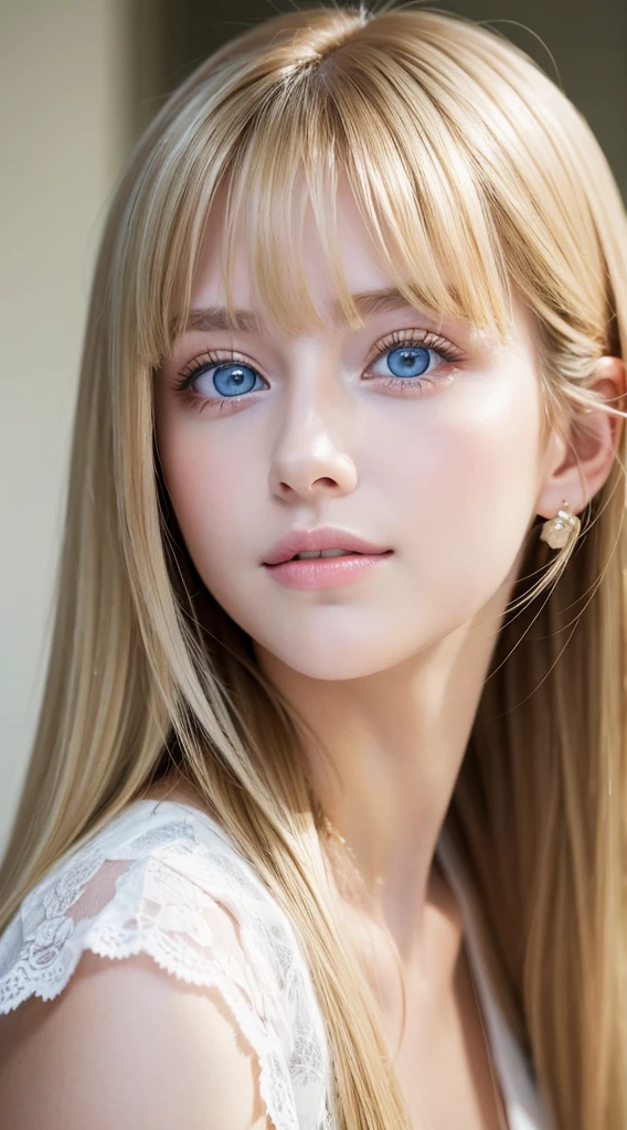 A woman with long light blonde hair and bright light blue eyes is taking a photo, very big eyes、gorgeous young beautiful model, bangs between the eyes、Portrait Sophie Mudd, Beautiful beautiful girl model, cute young beautiful girl, very beautiful young girl, portrait of a beautiful model, Beautiful young girl, Beautiful young woman, a photography of a beautiful woman, face perfect, 16-year-old female model, Beautiful young face, blonde white beautiful girl、Smirking expression、Teak Gloss、cheek highlights、Hair color that changes depending on the angle of light
