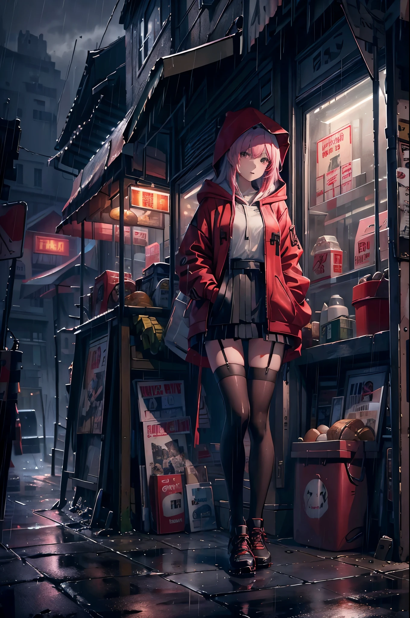 8K,tmasterpiece,Best quality,hyper-detailing,realistically,realistically,Extremely detailed face,电影灯光,电影灯光,ray traycing,unlit hair, On cloudy streets,Corner store,stairwayus stop,Torrential rain and heavy rain,Girl with long pink hair and black eyes,ssmile,She is wearing a red hooded jacket,Wear a hood,White color blouse,Short black skirt and black garter belt,Martin shoes,Clothes soaked by rain,Black exposure,outdoor depth tent ,