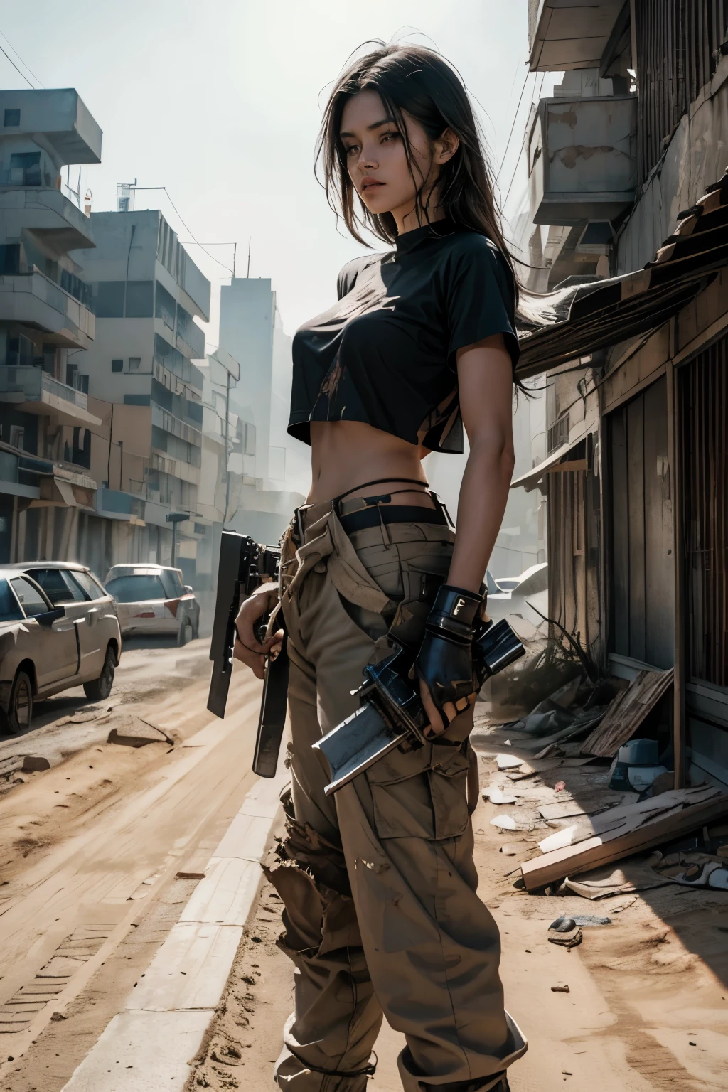 Dry sand dystopian world, dust and wind, in shattered concrette build ruins, servicing beautiful sexy blonde black haired woman victim warrior wearing rags tee shirt and torn under pant, holding sharpend wooden stick tip covered in blood, no armor, no guns, 36k resolution, hyperdetailed, modern impresionism sereal and realism art style (( Sexiest )) showing ,