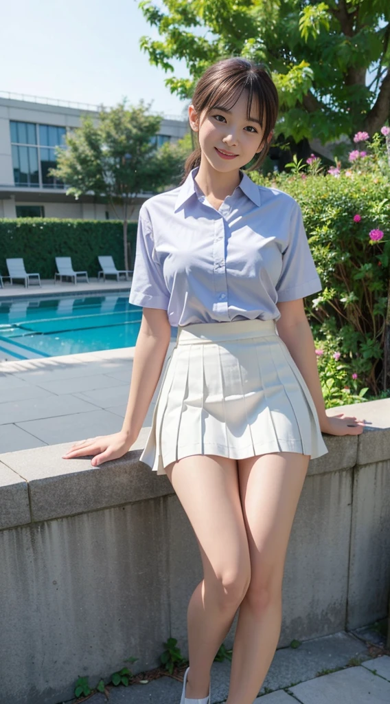 1 solo girl (8k UHD Raw fotography, Top Quality, Masterpiece:1.45) (Raw foto:1.2), (Photorealcitic) Realistic full body smiling girl in school uniform showing white panties, Functionality of raising the skirt to reveal panties, show white panties, Flip the skirt, Flip the skirt, roll up scar by hand, Showing underwear by the pool