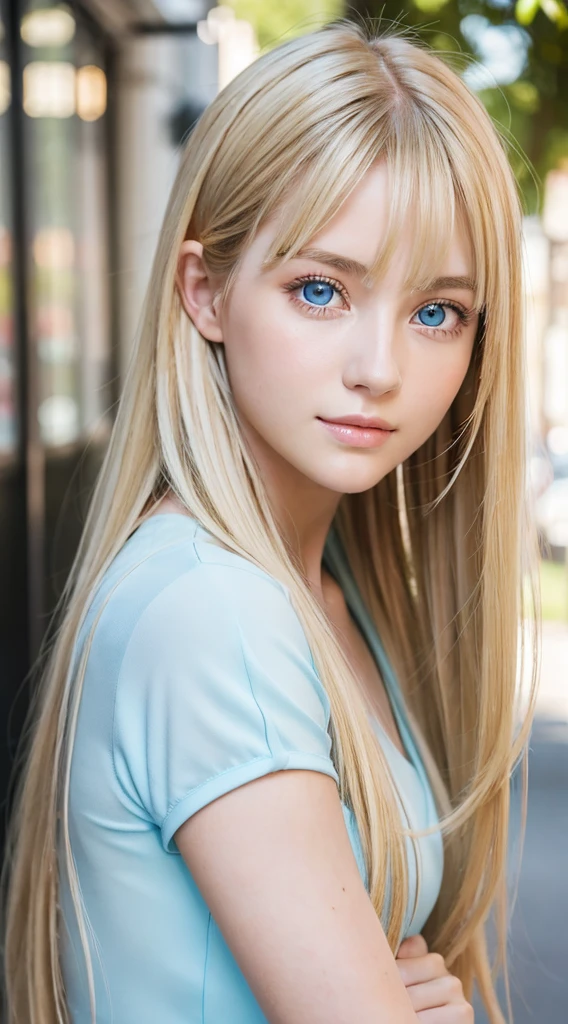 A woman with long light blonde hair and bright light blue eyes is taking a photo, very big eyes、gorgeous young beautiful model, bangs between the eyes、Portrait Sophie Mudd, Beautiful beautiful girl model, cute young beautiful girl, very beautiful young girl, portrait of a beautiful model, Beautiful young girl, Beautiful young woman, a photography of a beautiful woman, face perfect, 16-year-old female model, Beautiful young face, blonde white beautiful girl、Smirking expression、Teak Gloss、cheek highlights、Hair color that changes depending on the angle of light