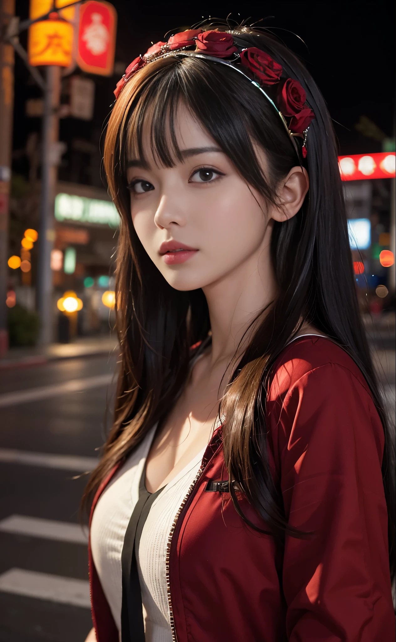 1girl, Tokyo street,night, cityscape,city lights, upper body,close-up, 8k, RAW photo, best quality, masterpiece,realistic, photo-realistic,headgear of red rose, parted bangs, long hair,