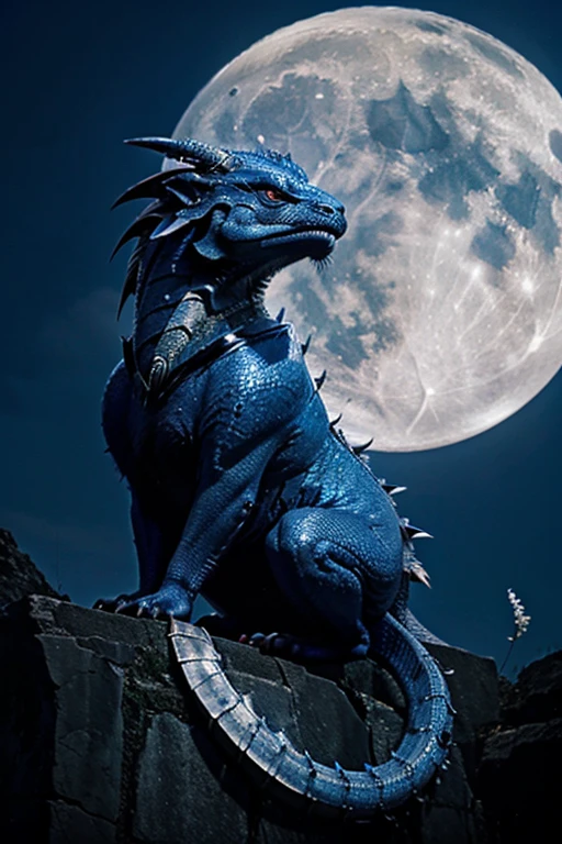 I want an image of a fierce blue Chinese dragon with a full moon in the background of the image