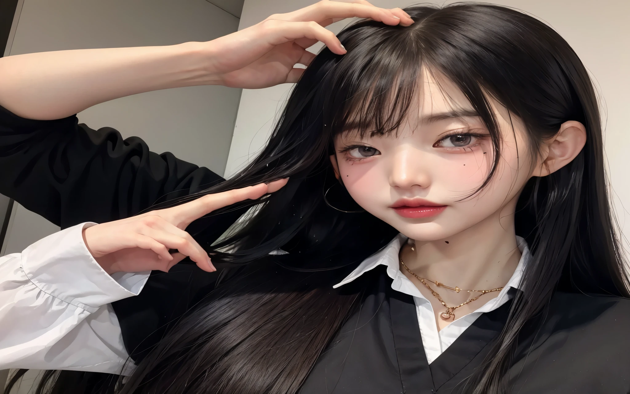 There is a woman who is cutting her hair with scissors, Ulzzang, Ela tem cabelo preto com franja, cabelo preto longo com franja, preto hime corte cabelo, com cabelos longos, com cabelo preto liso, com longos cabelos pretos, Menina anime na vida real, asian girl com cabelos longos, Sui Ishida com cabelo preto, cruel korean goth girl