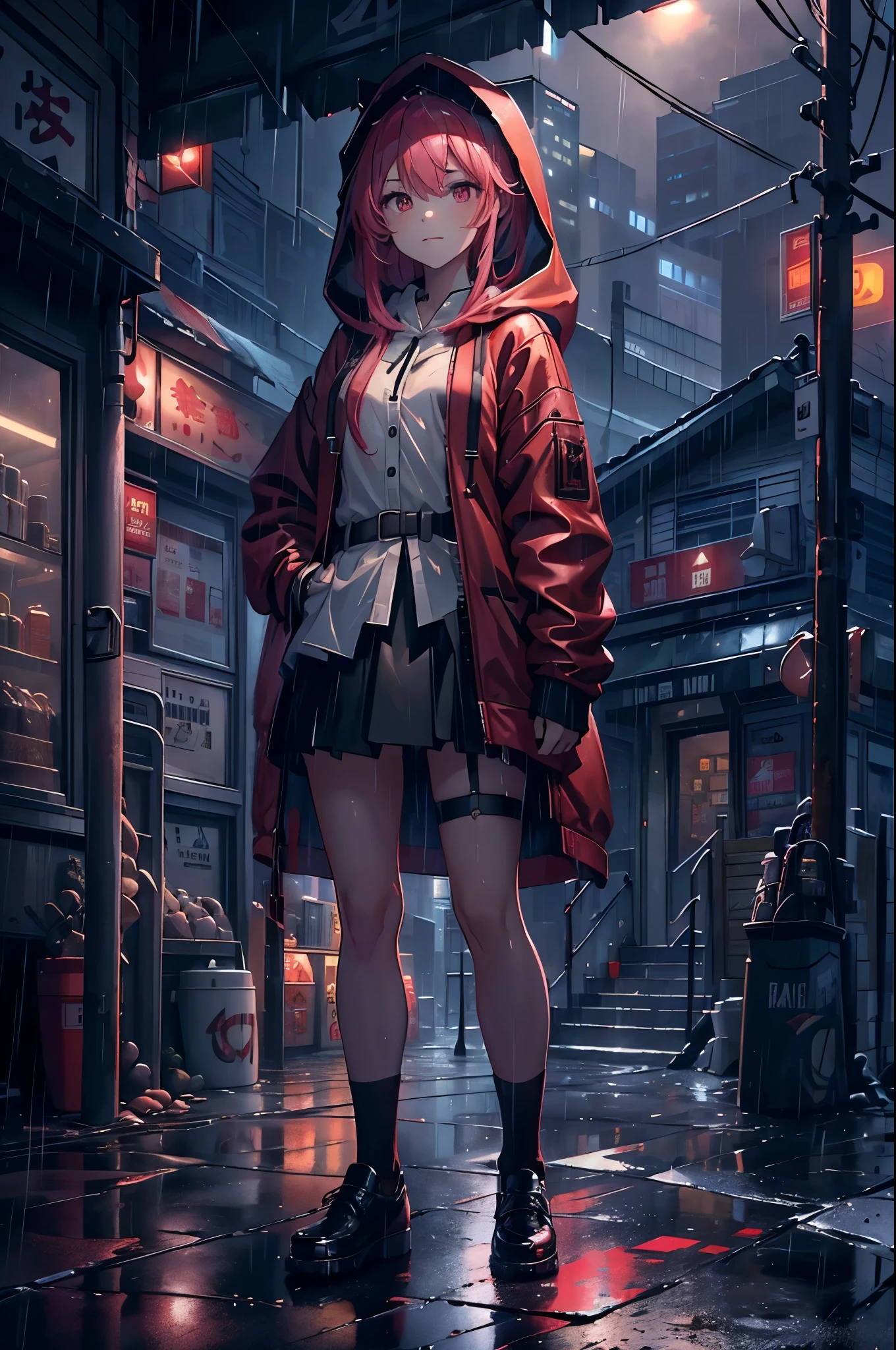 (8K,tmasterpiece,Best quality at best,hyper-detailing,realistically),Extremely detailed face,电影灯光,Ray traching,unlit hair, on a cloudy street,bright street,Corner store,stair station,Torrential rain and heavy rain,Girl with long pink hair and black eyes,ssmile,She is wearing a red hooded jacket,Put on a hood,White color blouse,Short black skirt and black garter belt,Martin shoes,Clothes soaked by rain,Black exposure,outdoor depth tent ,
