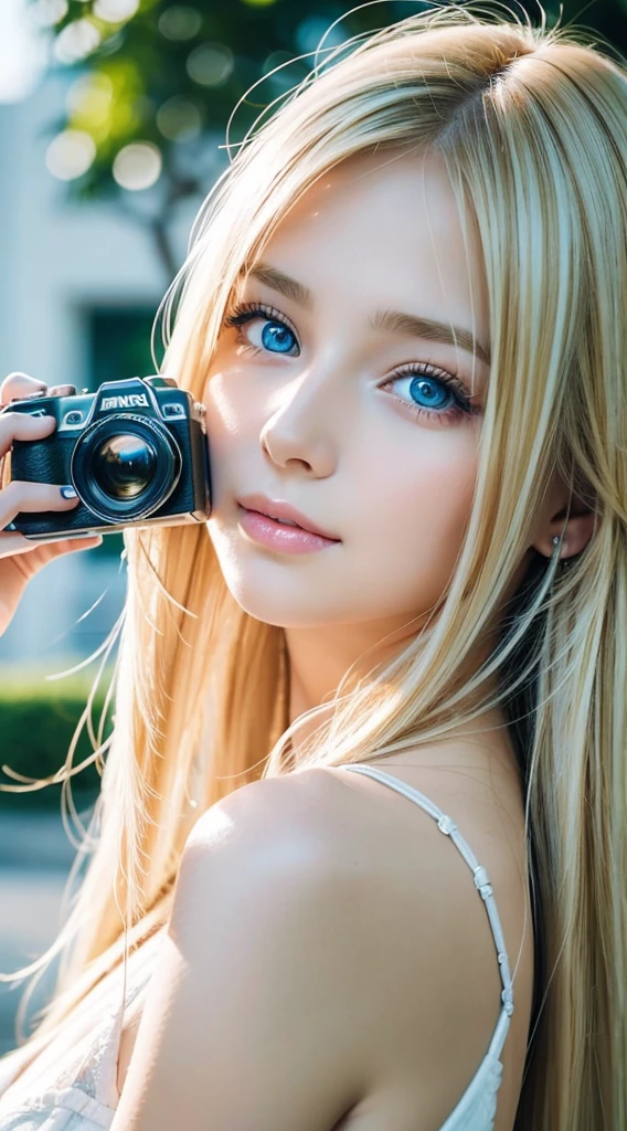 A woman with long light blonde hair and bright light blue eyes is taking a photo, very big eyes、gorgeous young beautiful model, bangs between the eyes、Portrait Sophie Mudd, Beautiful beautiful girl model, cute young beautiful girl, very beautiful young girl, portrait of a beautiful model, Beautiful young girl, Beautiful young woman, a photography of a beautiful woman, face perfect, 16-year-old female model, Beautiful young face, blonde white beautiful girl、Smirking expression、Teak Gloss、cheek highlights、Depending on the angle of light々hair color that changes
