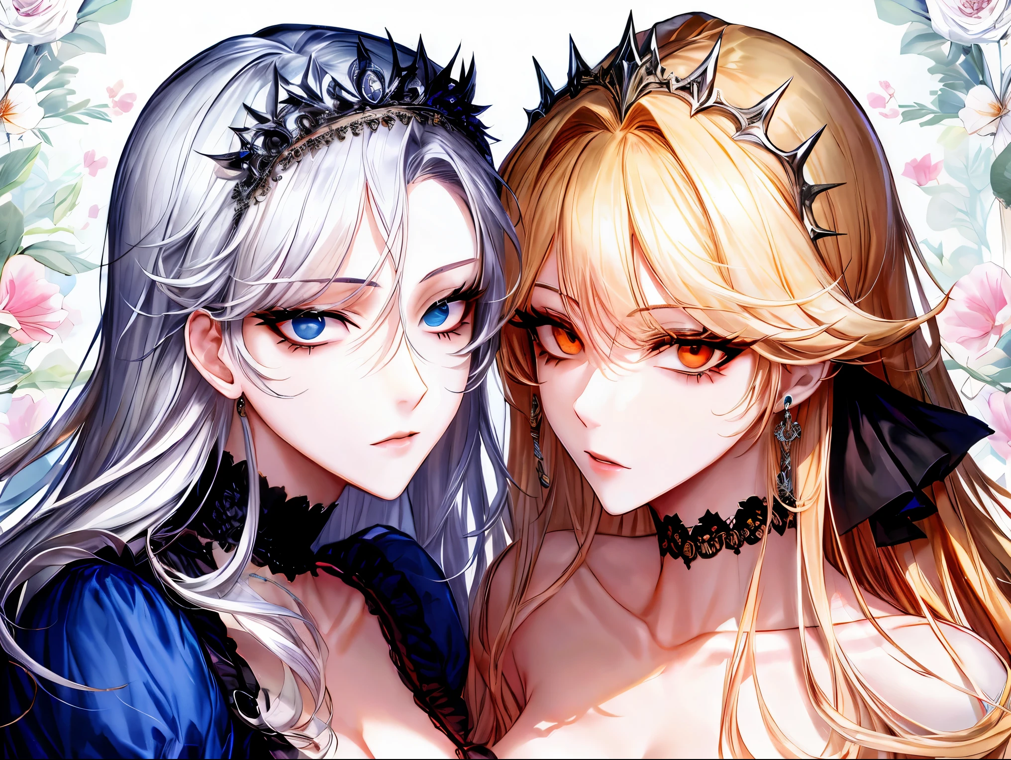 shoujo-style, (floral background), romance manhwa, (2girls:1.2), (aligned), silver hair, blonde hair, solo, long hair, flower, dress, (tiara), white dress, gloves, long sleeves, choker, mascara, makeup, white gloves, black bow, black flower, wavy hair, bow, jewelry, looking at viewer, white background, collarbone, (cleavage), puffy sleeves, silver accessories, upper body, parted bangs, very long hair, blue dress, frills, bangs, closed mouth, detailed eyes, (close up), gleaming skin, shiny glossy skin