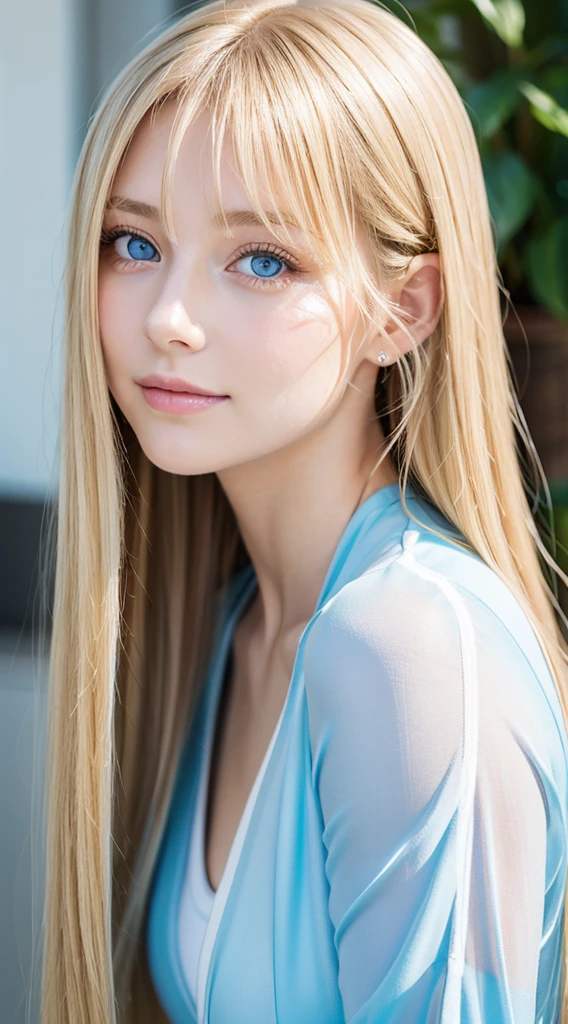 A woman with long light blonde hair and bright light blue eyes is taking a photo, extremely big eyes、gorgeous young beautiful model, bangs between the eyes、Portrait Sophie Mudd, Beautiful beautiful girl model, cute young beautiful girl, very beautiful young girl, portrait of a beautiful model, Beautiful young girl, Beautiful young woman, a photography of a beautiful woman, face perfect, 16-year-old female model, Beautiful young face, blonde white beautiful girl、Smirking expression、Teak Gloss、cheek highlights、Depending on the angle of light々hair color that changes