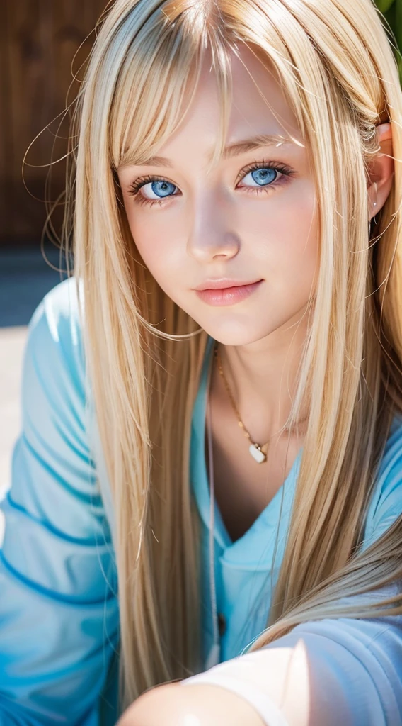 A woman with long light blonde hair and bright light blue eyes is taking a photo, extremely big eyes、gorgeous young beautiful model, bangs between the eyes、Portrait Sophie Mudd, Beautiful beautiful girl model, cute young beautiful girl, very beautiful young girl, portrait of a beautiful model, Beautiful young girl, Beautiful young woman, a photography of a beautiful woman, face perfect, 16-year-old female model, Beautiful young face, blonde white beautiful girl、Smirking expression、Teak Gloss、cheek highlights、Depending on the angle of light々hair color that changes