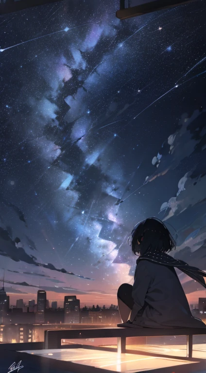 High resolution 8K, NSFW, Bright light illumination, octans, sky, star (sky), scenery, starry sky, night, 1girl, night sky, solo, outdoors, signature, building, cloud, milky way, sitting, tree, long hair, city, silhouette, cityscape, Short bob hair, Black hair