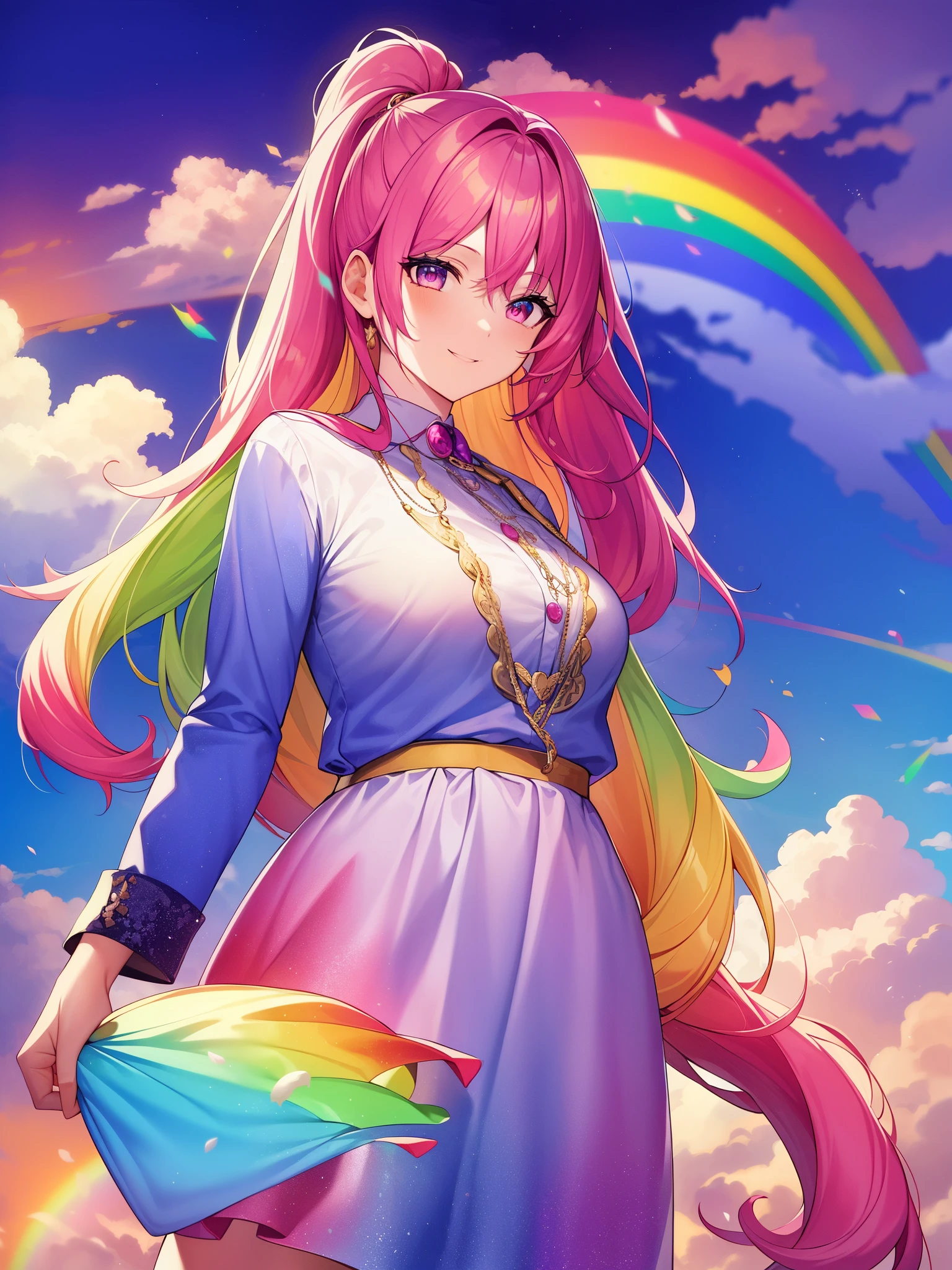(masterpiece), best quality, high resolution, extremely detailed, detailed background, perfect lighting, (colorful, vivid color:1.4), 1girl, rainbow hair, cotton candy cloud, sky, smile
