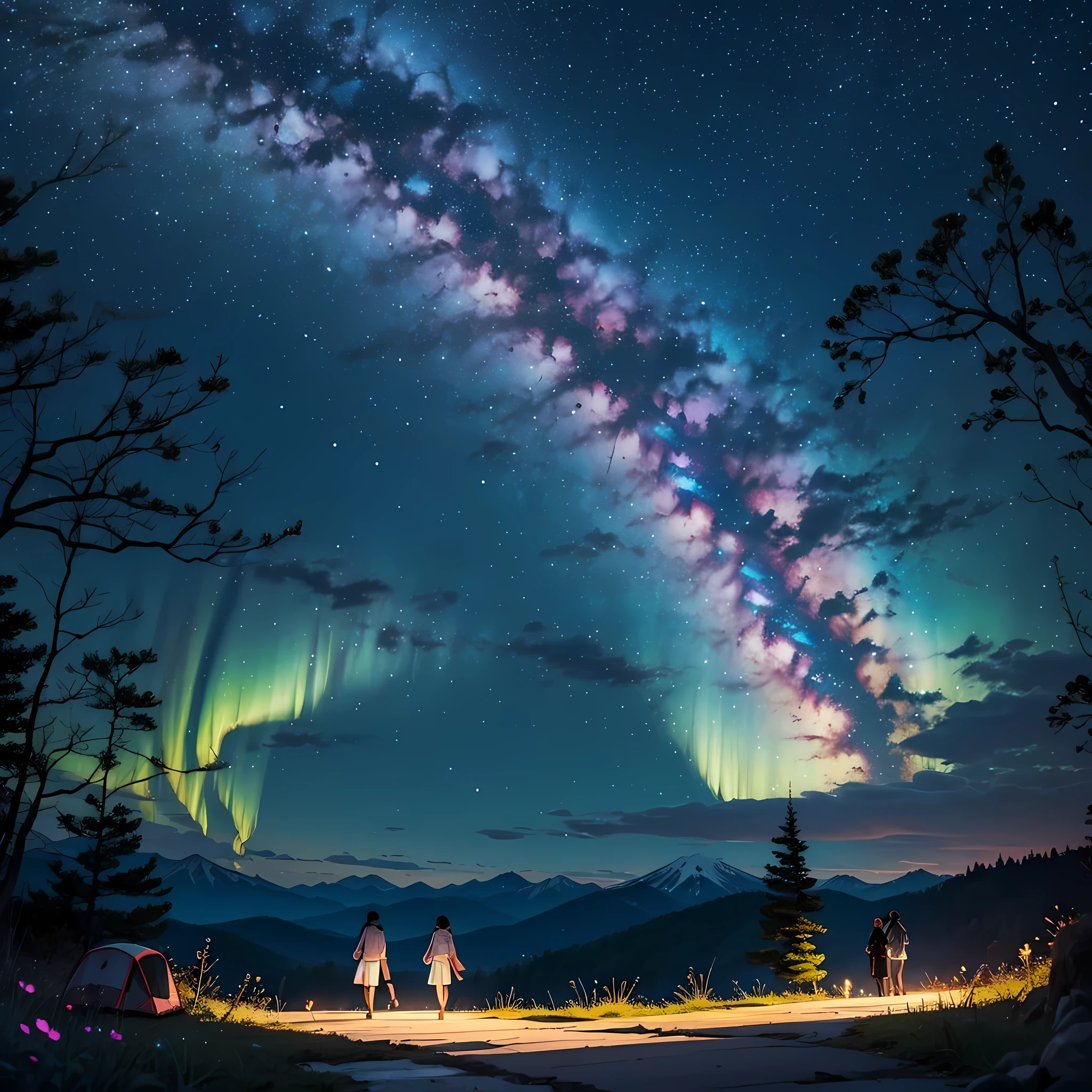 Un couple marche dans la campagne. Les personnages aux ears of chats and a bag with dos. It is in a forest of glycine flowers and Japanese cherries. Couleurs : bleu, noir, rose. Aurora borealis. Couleur ciel. Masterpiece (Japon, Starrysky, Nuit), montagnes, foret, Les bois. Fleur de glycine multicolore. Japon. Nuit. poilu. Marcher en montagne. camping. oreilles de chat. style : mignon, Migmon , Kawai.