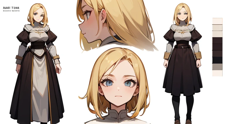 Diferent angles, character sheet of a very stylish young woman whit blonde hair, wearing a medieval clothes, digital ilustration, white background, clear detailesd, fine details, sharp focus