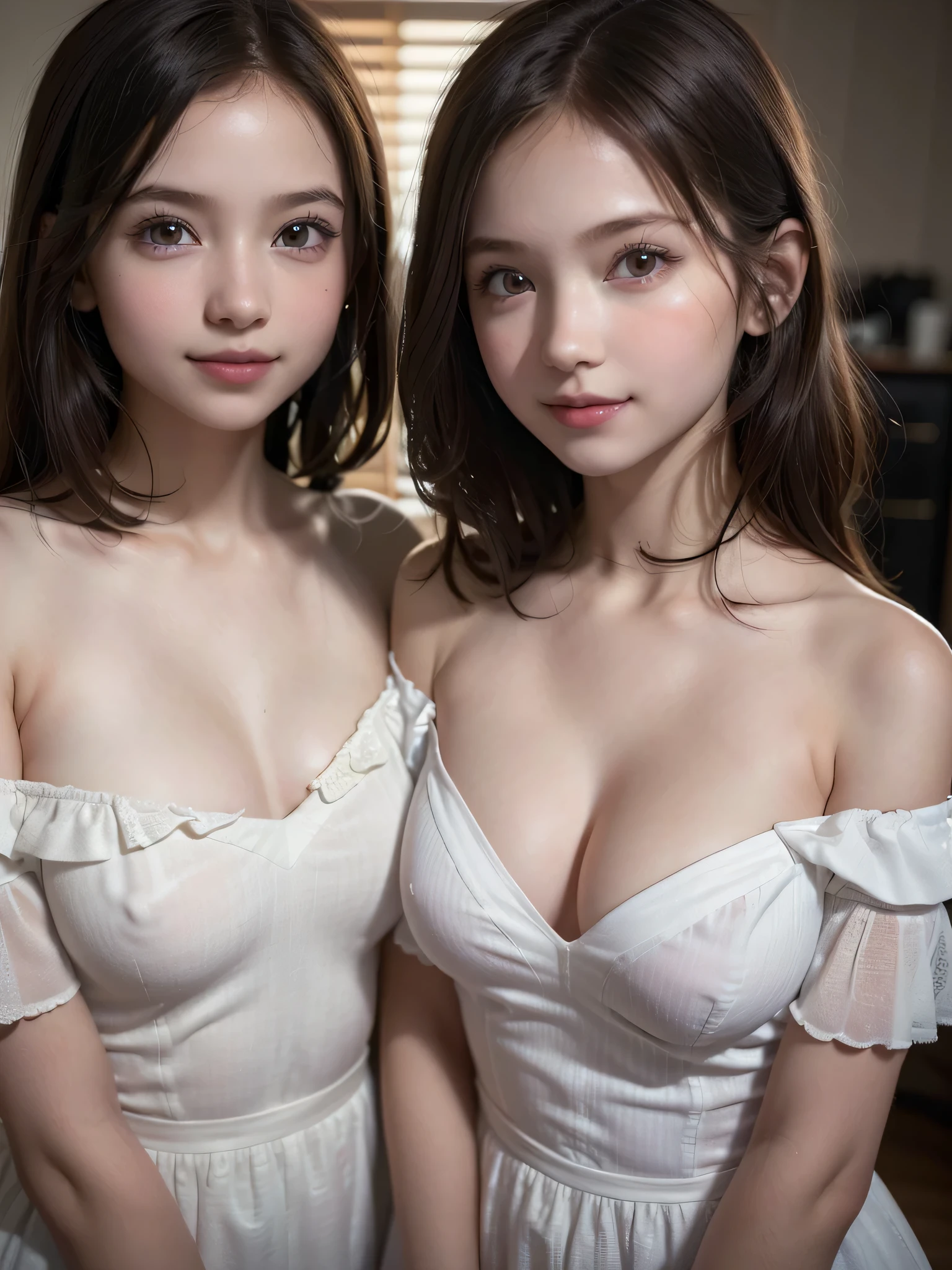 ((2 s:1.3)), (Ultra Realistic, hight resolution), (Highly detailed eyes, Highly detailed hair, Highly detailed face, Highly detailed plump lips), (off shoulder with open breasts), breasts, Upper body, Search Smile, (Best Quality:1.4), Raw photo, (Realistic, photo-Realistic:1.37), Professional Photography, Cinematic Light, (Fine face: 1.2), (View from above),
