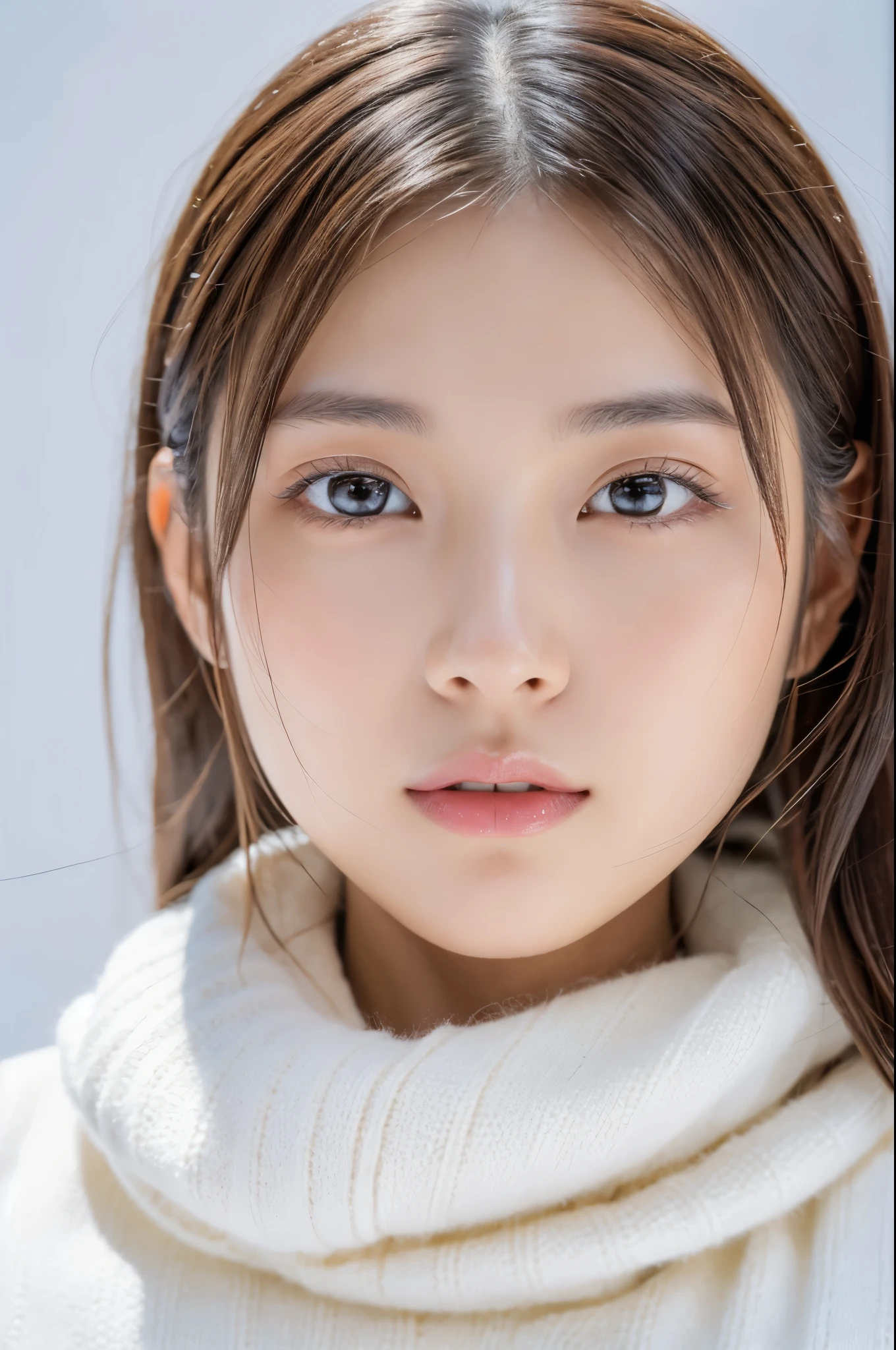 Young japanese lady, 30s, White background, It features a simple背景, white-brown hair, slender, 4K, in 8K, High quality, Beauty, Beautiful eyes, It features a simple, High resolution,1 person,Beautiful skins,Beautiful skin,wearing a white knit,Winters,lipsticks