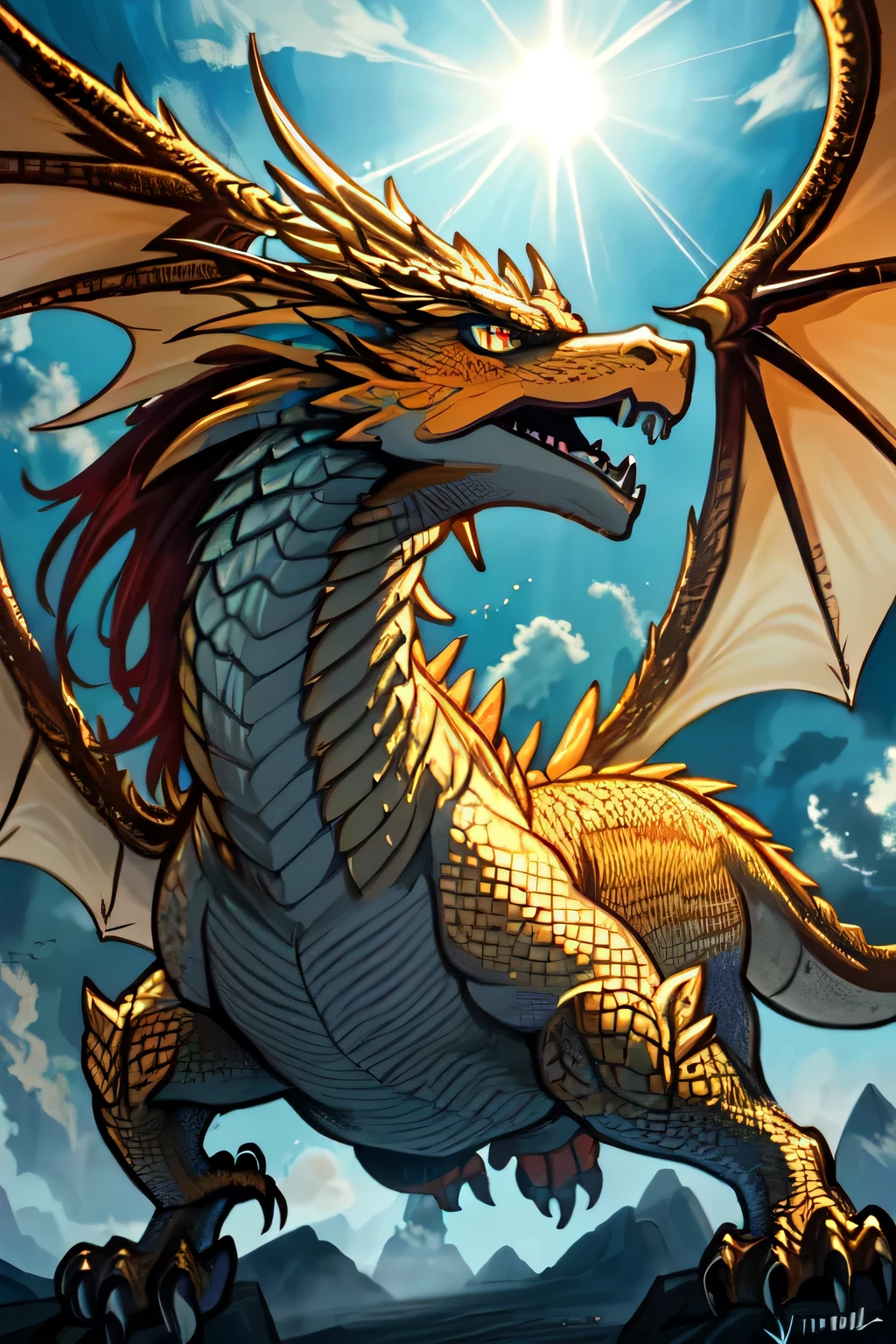 (a majestic closeup of a legendary golden dragon: vibrante, cielo volador, escamas que reflejan la luz del sol - detalles intrincados, eyes of fire - ancient wisdom), (La mejor calidad, realista: 1.37), Ultra detallado (vivid colors , hermosa paleta de colores), ethereal atmosphere, Ethereal lighting, mytical creature, Presencia poderosa, Anime style, cuerpo completo.