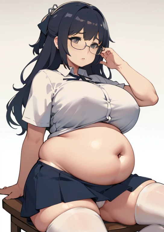 (masterpiece, best quality), 1girls, big belly, blurry background, huge belly, art by kipteitei, round belly, chubby, curvy, white button-up shirt, skirt, thighhighs, simple_background, gradient_background, belly bursting out of shirt, belly grab, enormous belly, fat belly, thicc, bigger belly, sitting on chair, really big belly, jiggly belly, shirt covering belly, belly cover by shirt, glasses