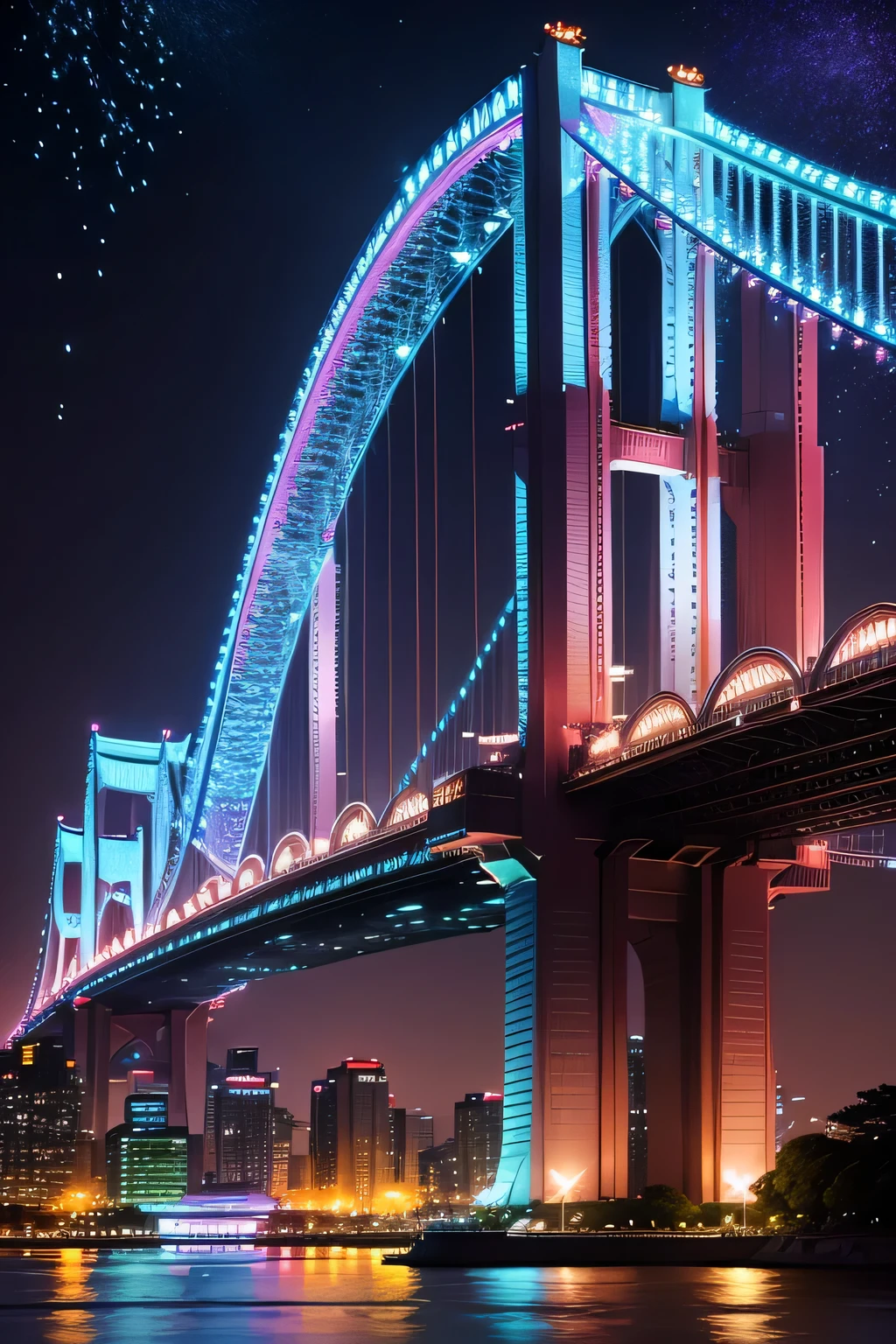 Tokyo Odaiba Rainbow Bridge night view, best composition, Glitter, (best composition), (masutepiece), (Best Quality), (ultra high detail)