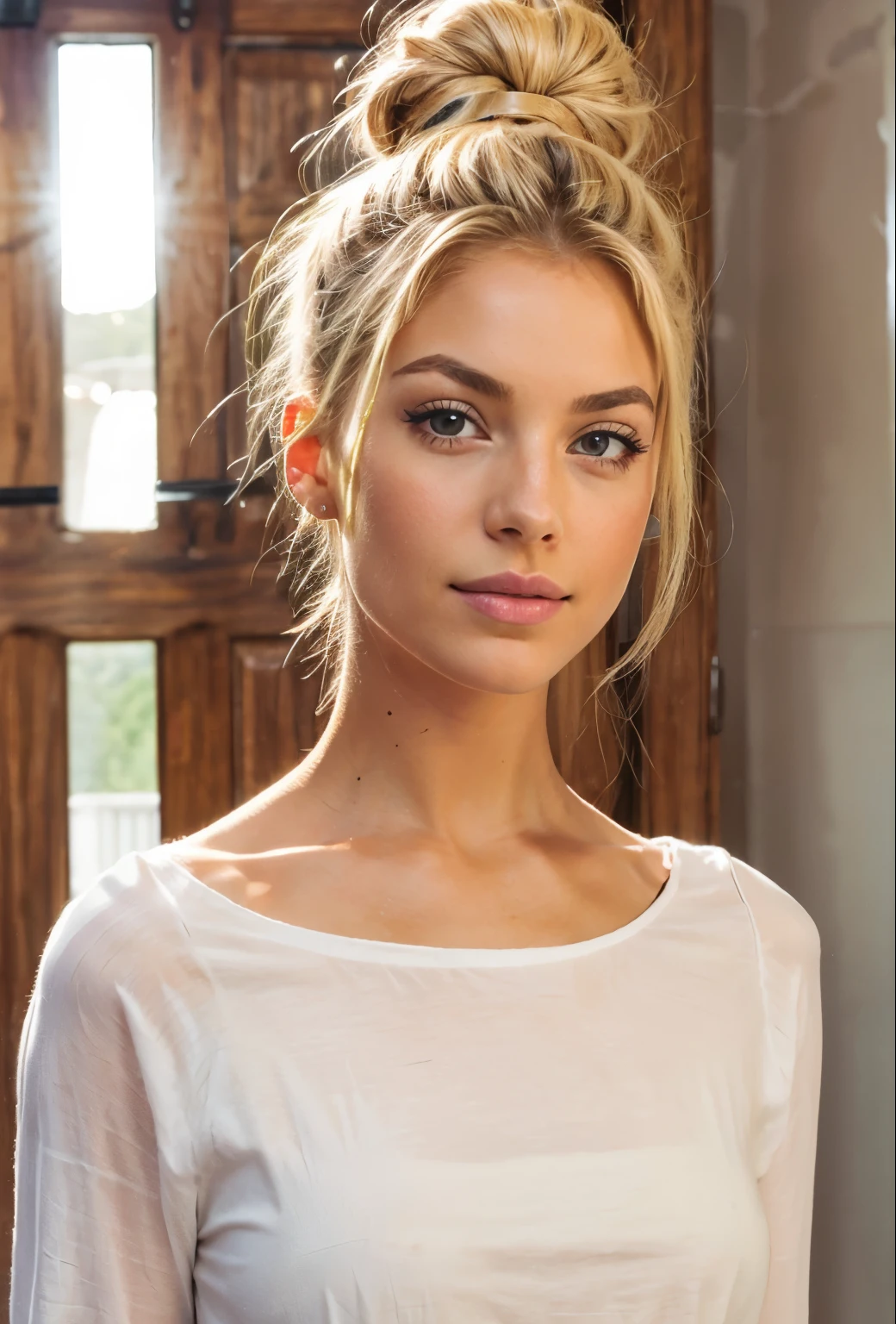 Beautiful blond with a bun posing sexy