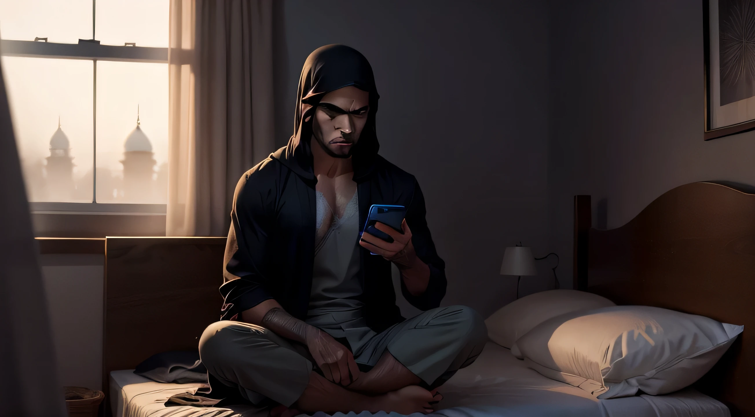 warrior in bedroom addicted to his phone, Muslim man, laying in bed, bloodshot eyes, dark mood, foggy bedroom, night time, wearing a thobe, holding a quran in right hand and a phone in the left hand, holding iphone, sad expresstion, sad face, depressed mood, depressed face, gloomy, dark night in bedroom, super dark, no sunlight. screen shining in his face. nighttime, bedtime, clear face, blue eyes,