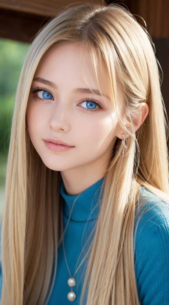 A woman with long light blonde hair and bright light blue eyes is taking a photo, extremely big eyes、gorgeous young beautiful model, bangs between the eyes、Portrait Sophie Mudd, Beautiful beautiful girl model, cute young beautiful girl, very beautiful young girl, portrait of a beautiful model, Beautiful young girl, Beautiful young woman, a photography of a beautiful woman, face perfect, 16-year-old female model, Beautiful young face, blonde white beautiful girl、Smirking expression、Teak Gloss、cheek highlights、Depending on the angle of light々hair color that changes