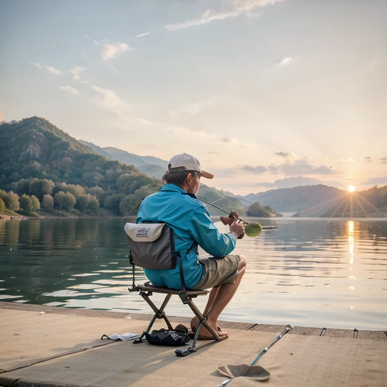 The side of the fishing man Fishing on a folding chair, holding a fishing rod. sitting on the lakeside in the sunlight