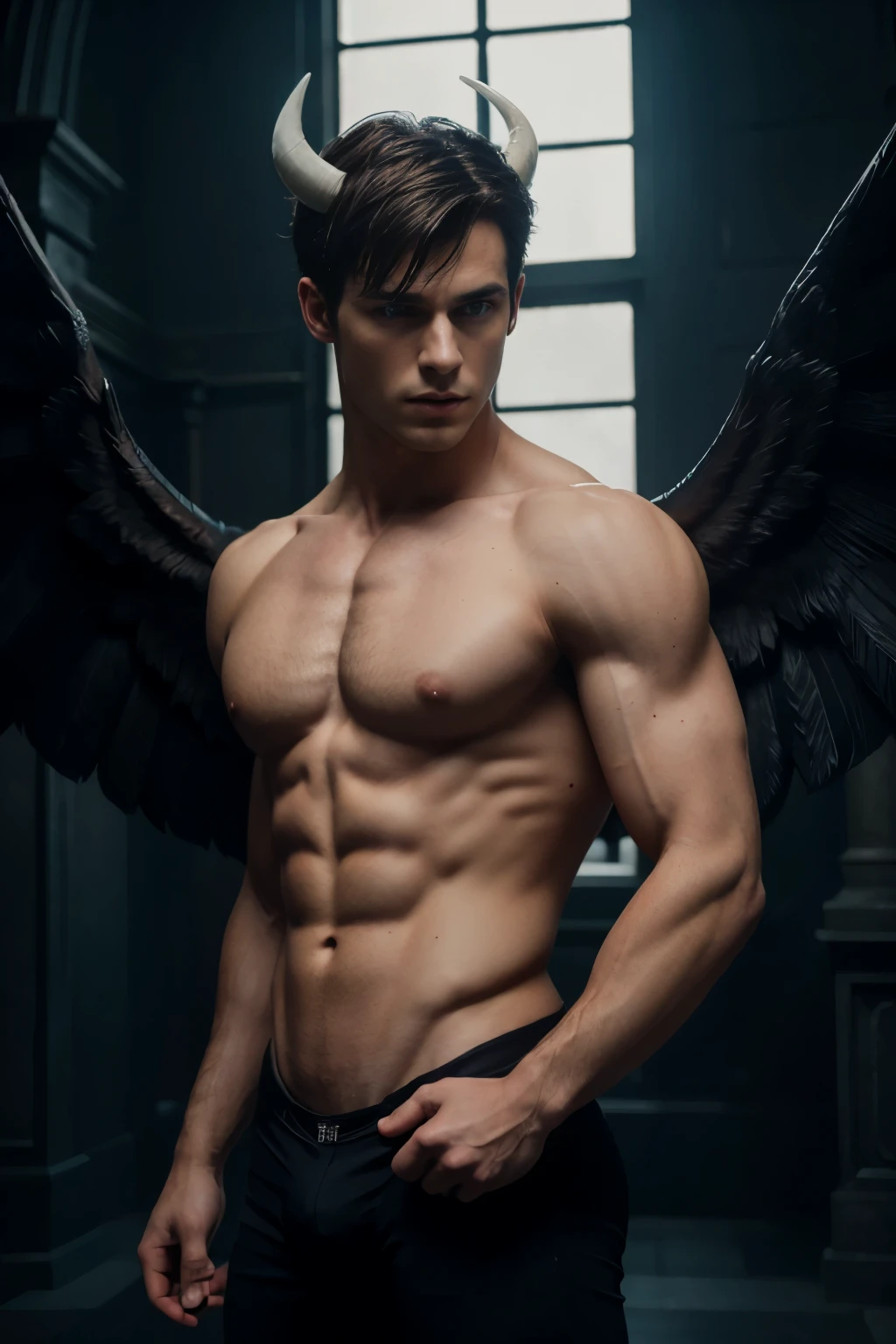 ((masterpiece)),((bestquality)),8k, high detailed, ultra-detailed, Stylish Pose, real skin texture, cinematic lighting, 21 year old male model, black demon horns, white pale skin, blue eyes, short brown messy hair, strong jawline, masculine, defined fit body, hairless chest, prince aesthetic. gothic architecture, black massive huge angel wings, wearing nothing, completely naked, dim light, dark atmosphere, backlight.