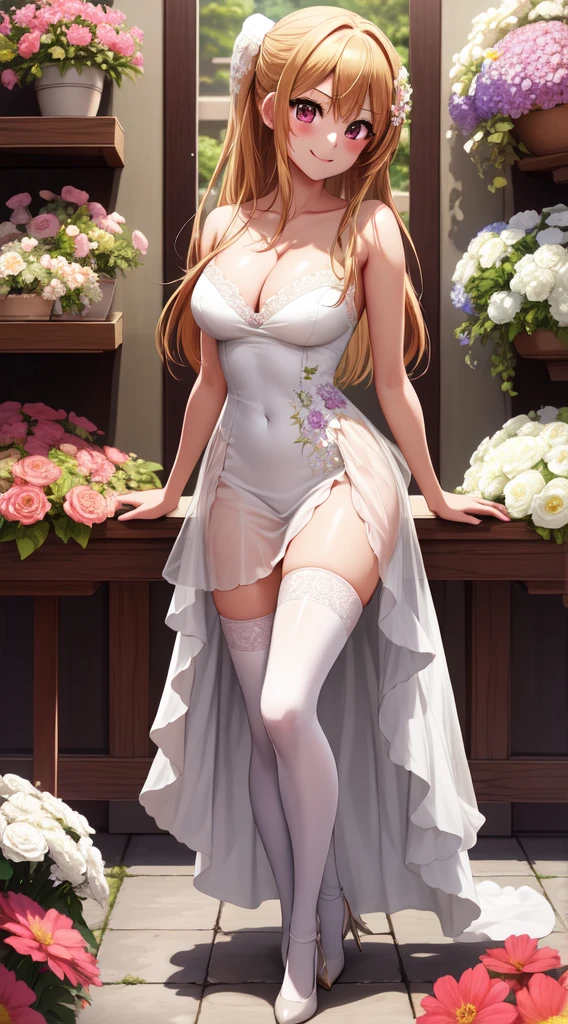anime, beautiful face, highly detailed face, 2 accurate legs detailed eyes, highly detailed background, perfect lighting, accurate arms, accurate hands, accurate fingers, full body, 1girl, solo, ruby hoshino, oshi no ko, indoors, detailed heels, white detailed thighhighs, outdoor, ina garden of flowers, absurdres, high res, ultrasharp, 8K, masterpiece, looking at viewer, elegant pose, (full body:1.4), smiling with compassion, teasing smile, detailed dress, patterned wedding dress, cleavage, standing, holding a bunch of flowers