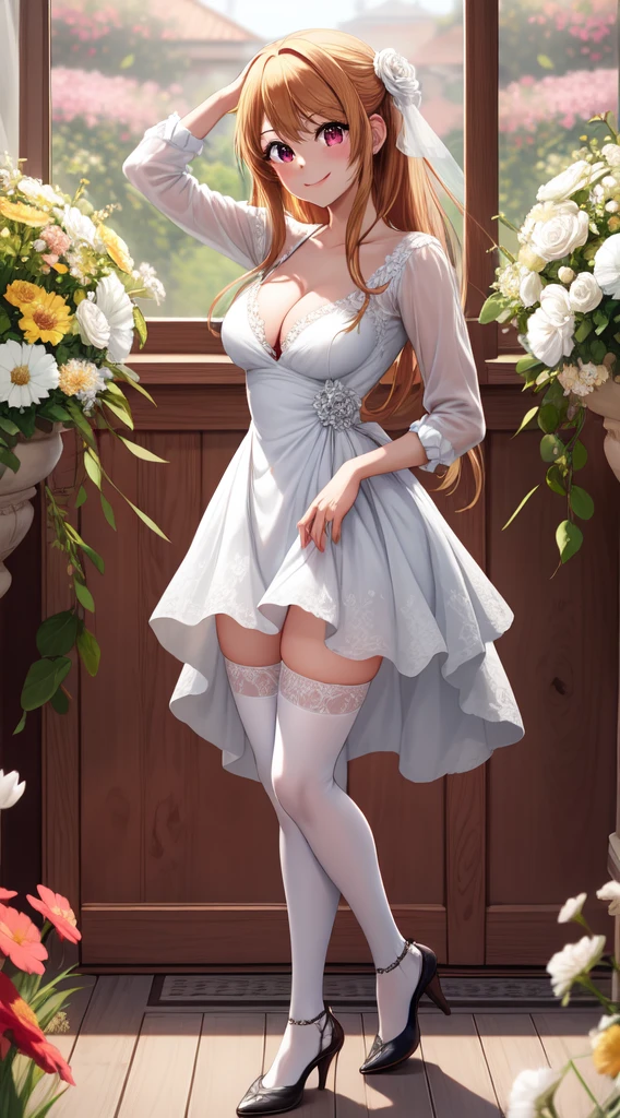 anime, beautiful face, highly detailed face, 2 accurate legs detailed eyes, highly detailed background, perfect lighting, accurate arms, accurate hands, accurate fingers, full body, 1girl, solo, ruby hoshino, oshi no ko, indoors, detailed heels, white detailed thighhighs, outdoor, ina garden of flowers, absurdres, high res, ultrasharp, 8K, masterpiece, looking at viewer, elegant pose, (full body:1.4), smiling with compassion, teasing smile, detailed dress, patterned wedding dress, cleavage, standing, holding a bunch of flowers