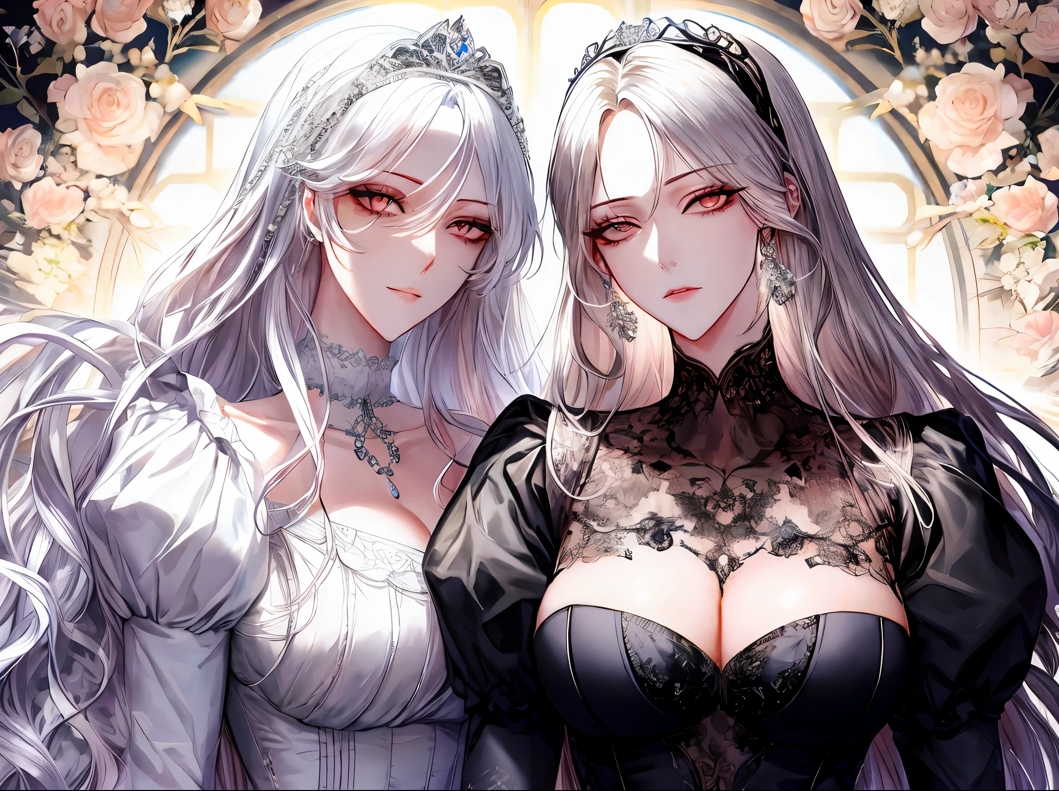 shoujo-style, (floral background), romance manhwa, (2girls:1.2), (aligned), silver hair, blonde hair, solo, long hair, flower, dress, (tiara), white dress, gloves, long sleeves, choker, mascara, makeup, white gloves, black bow, black flower, wavy hair, bow, jewelry, looking at viewer, white background, collarbone, (cleavage), puffy sleeves, silver accessories, necklace, upper body, parted bangs, very long hair, blue dress, frills, bangs, closed mouth, detailed eyes, (close up), gleaming skin, shiny glossy skin