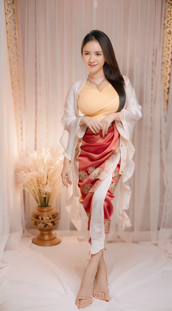 (Realistic:1.3), insane details, quality, (masterpiece:1.2), (ภาพRealistic:1.2), (qualityที่ดีที่สุด), (Detailed skin:1.3), (intricate detailed), ray tracing, ((full body image)), ((1woman)), (((1man))), 18-20 years old, long-haired, smile, red silk dress, Patterned silk skirt, skirt pattern, earrings, necklace, Javanese jewelry, ((large boobs, Beautiful breast, breast augmentation, plump breast background, elongated legs), silk,