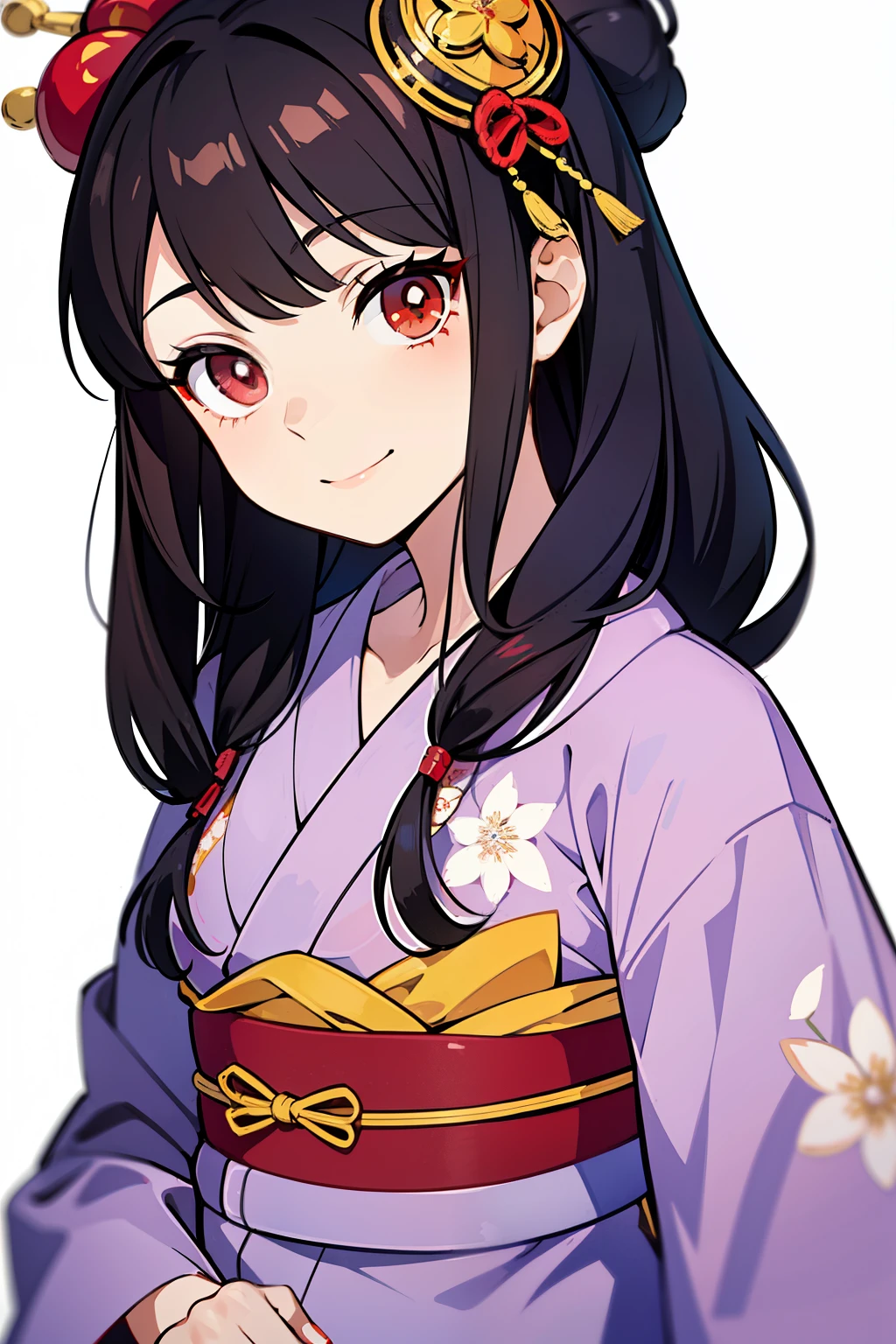 (high-quality, breathtaking),(expressive eyes, perfect face) ((yukata)), 1girl, female, solo, young child , black hair, red streaks, black coloured eyes, gentle smile, medium length hair, loose hair, side bangs, curley hair, japanese clothing, elegant, soft make up, hair pin accessory in hair, oiran, demon slayer art style