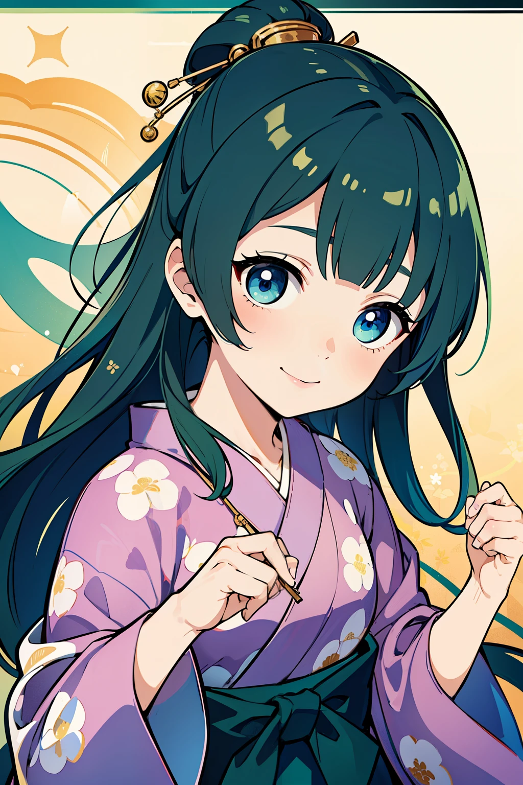 (high-quality, breathtaking),(expressive eyes, perfect face) ((yukata)), 1girl, female, solo,  , brown hair, green streaks, blue coloured eyes, gentle smile, medium length hair, loose hair, side bangs, curley hair, japanese clothing, elegant, soft make up, hair pin accessory in hair, oiran, demon slayer art style