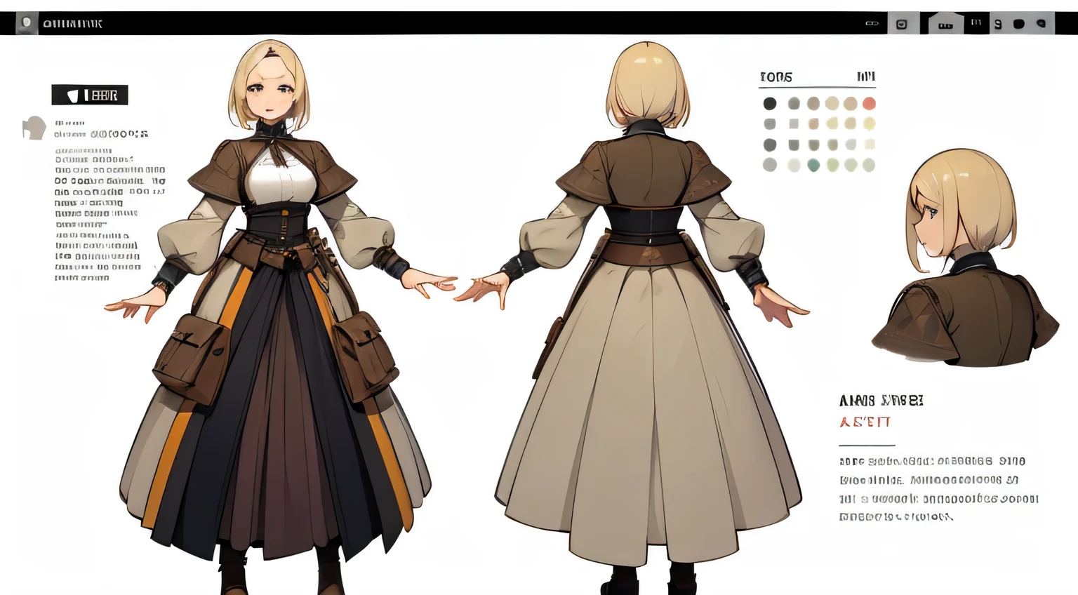 highres, masterpiece,
multi-view, turnaround, model sheet,  character design,
white background, simple background,
full body character turnaround of 1girl, Multiple views of the same character in the same outfit,
medieval,
blonde hair, braided bun, victorian dress, long sleeves, apron, maroon dress, white apron, button details, black shoes, historical attire, traditional clothing, adult, period costume, elegant dress, detailed illustration, classic style, full-length dress,
<lora:CharTurnRetag_v4:0.1>
<lora:Witcher3turn_v1:0.1>
<lora:Medieval2turn_v1:0.6>
<lora:bg3Turn_v1:0.1>