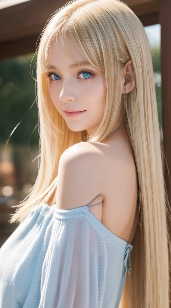 A woman with long light blonde hair and bright light blue eyes is taking a photo, extremely big eyes、gorgeous young beautiful model, bangs between the eyes、Portrait Sophie Mudd, Beautiful beautiful girl model, cute young beautiful girl, very beautiful young girl, portrait of a beautiful model, Beautiful young girl, Beautiful young woman, a photography of a beautiful woman, face perfect, -yeld fee model, Beautiful young face, blonde white beautiful girl、Smirking expression、Teak Gloss、cheek highlights、Depending on the angle of light々hair color that changes