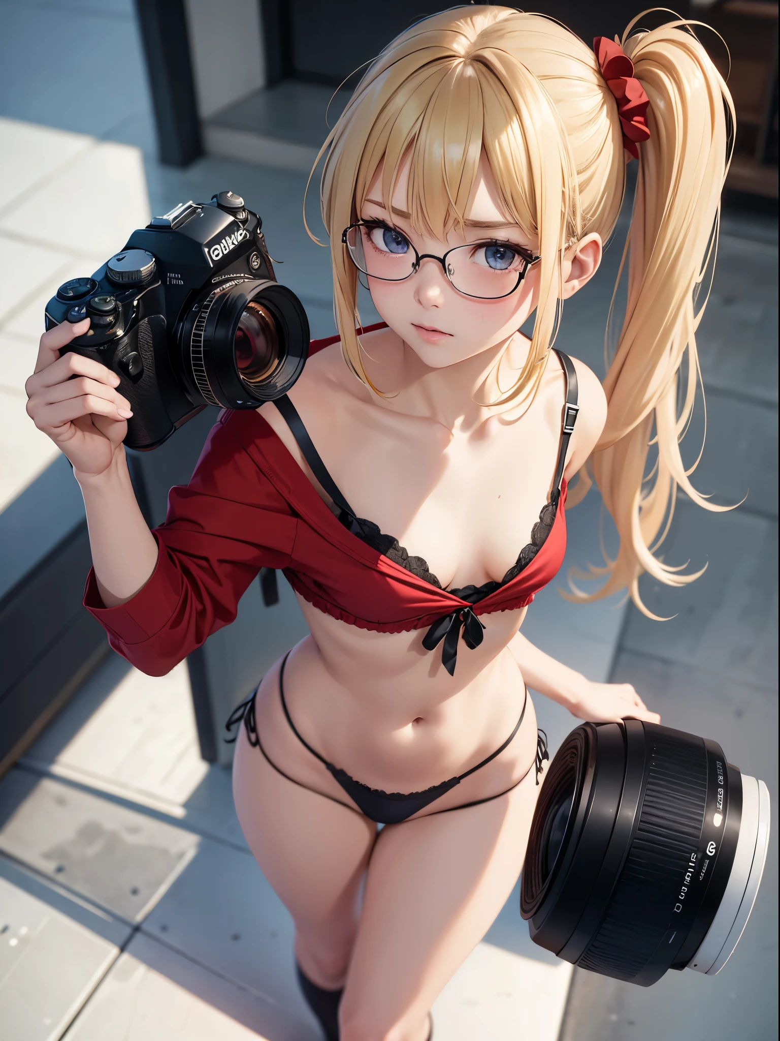 in public, boring, bangs, loli body, 14 year old girl, blonde hair tied in a side ponytail, sensual cleavage, red blouse, small breasts, ass facing the viewer, back to the screen, micro shorts 1.4, Ultra HD, 4k image, glasses, character near the camera, lingerie panties, sexy panties, low waist panties, top view, camera from above