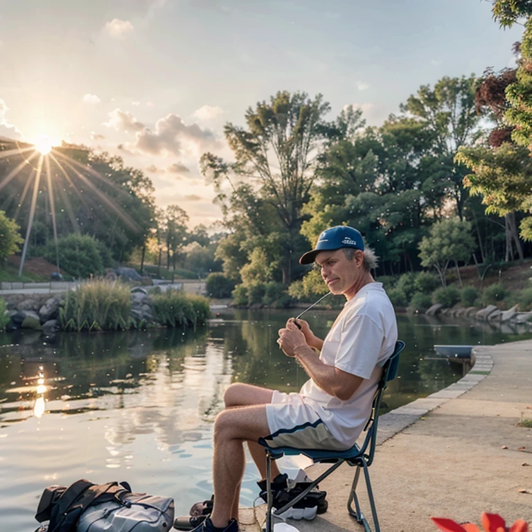 The side of the fishing man Fishing on a folding chair, holding a fishing rod. sitting on the lakeside in the sunlight
