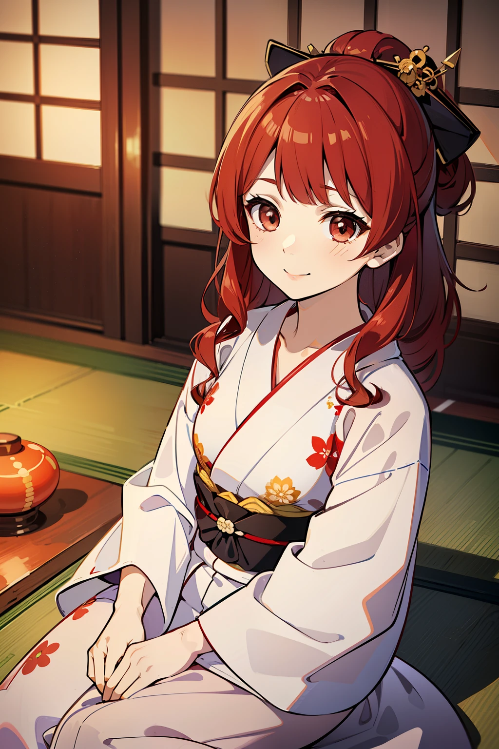 (high-quality, breathtaking),(expressive eyes, perfect face) ((yukata)), 1girl, female, solo,  , red hair, red streaks, brown coloured eyes, gentle smile, medium length hair, loose hair, side bangs, curley hair, japanese clothing, elegant, soft make up, hair pin accessory in hair, oiran, demon slayer art style