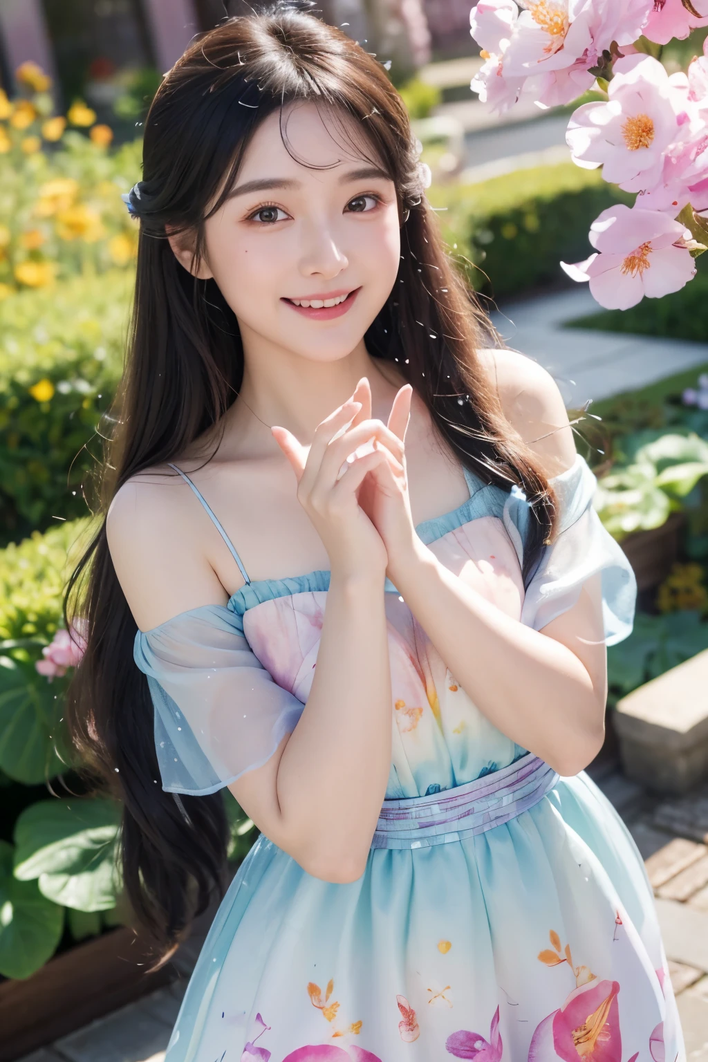 photoRealstic、A smile、Water droplets on the cheeks、In a cute pose、Flowing iridescent silk、up of face、Eye Up、Colorcon with heart pattern、Floral dress、 a heart with both hands、There are also flowers in the foreground、flower petals、season!!: 夏天☀ 🍂