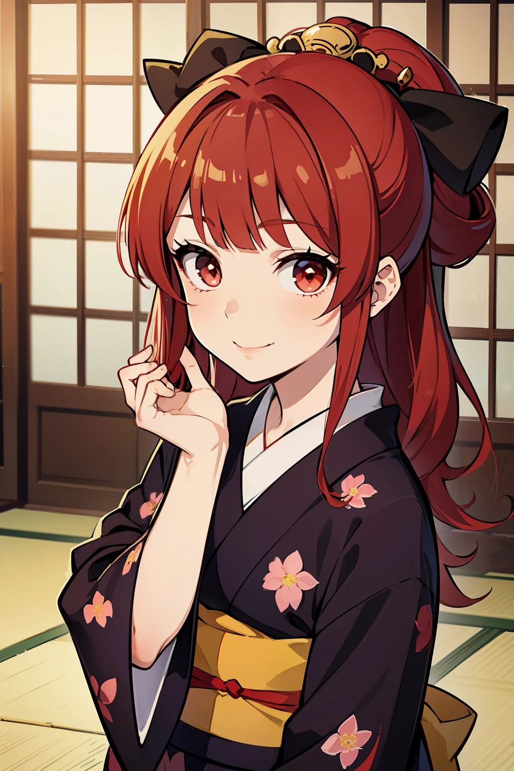 (high-quality, breathtaking),(expressive eyes, perfect face) ((yukata)), 1girl, female, solo, young child , red hair, red streaks, brown coloured eyes, gentle smile, medium length hair, loose hair, side bangs, curley hair, japanese clothing, elegant, soft make up, hair pin accessory in hair, oiran, demon slayer art style