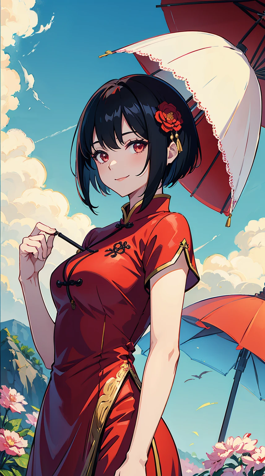 Red chinese dress, 1girl, solo, black hair, short hair, upper body, smile, parasol, mature female,
