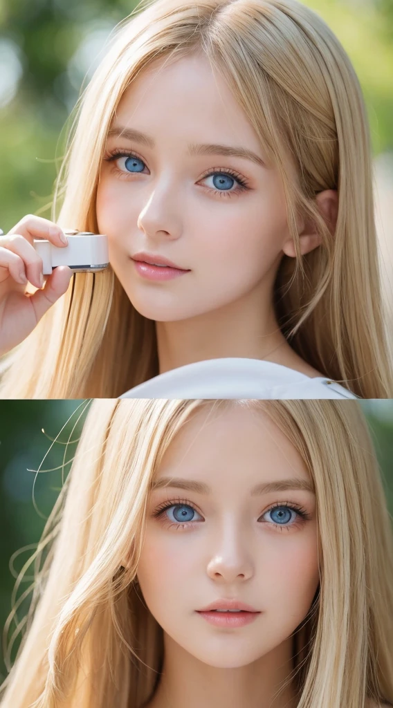 A woman with long light blonde hair and bright light blue eyes is taking a photo, extremely big eyes、gorgeous young beautiful model, bangs between the eyes、Portrait Sophie Mudd, Beautiful beautiful girl model, cute young beautiful girl, very beautiful young girl, portrait of a beautiful model, Beautiful young girl, Beautiful young woman, a photography of a beautiful woman, face perfect, 16-year-old female model, Beautiful young face, blonde white beautiful girl、Smirking expression、Teak Gloss、cheek highlights、Depending on the angle of light々hair color that changes